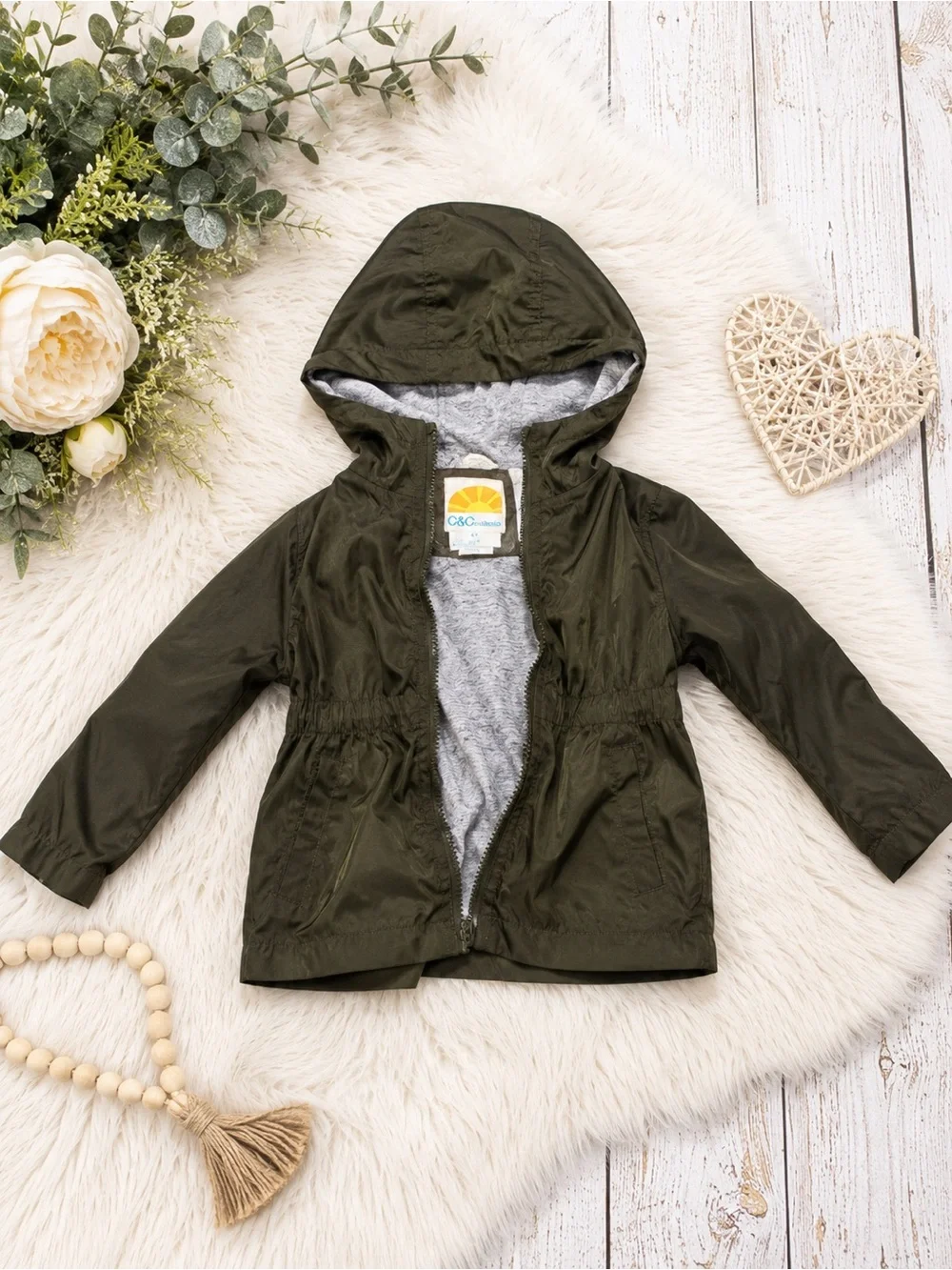 C&C California Toddler Girls Olive Green Hooded Lightweight Jacket Size 4T